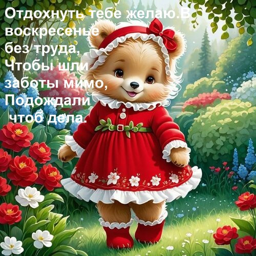 Открытка Отдохнуть тебе желаю В воскресенье без труда, Чтобы шли заботы мимо, Подождали чтоб дела.