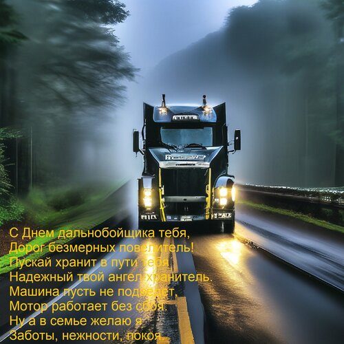 Открытка С Днем дальнобойщика тебя, Дорог безмерных повелитель! Пускай хранит в пути тебя Надежный твой ангел