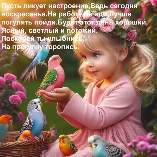 Открытка Пусть ликует настроение, Ведь сегодня воскресенье. На работу не иди, Лучше погулять пойди. Будет это