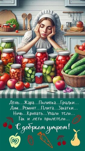 Открытка день жара поливка грядки дом плита закатки ночь кровать упало тело вот и лето пролетелоело