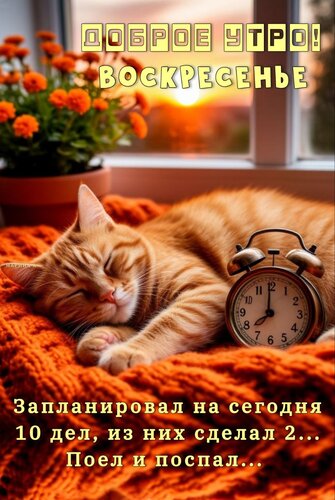 Открытка ДОБРОЕ УТРО! ВОСКРЕСЕНЬЕ. ЗАПЛАНИРОВАЛ НА СЕГОДНЯ 10 ДЕЛ, ИЗ НИХ СДЕЛАЛ 2... ПОЕЛ И ПОСПАЛ...