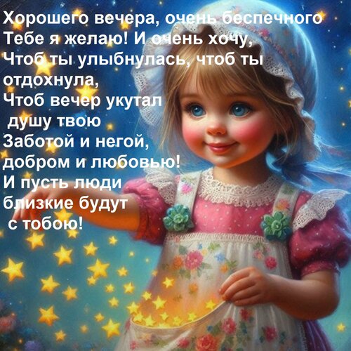 Открытка Хорошего вечера, очень беспечного Тебе я желаю! И очень хочу, Чтоб ты улыбнулась, чтоб ты отдохнула,