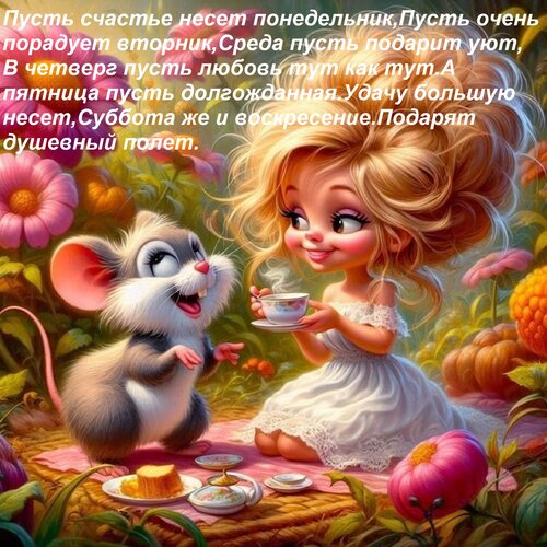 Открытка Пусть счастье несет понедельник, Пусть очень порадует вторник, Среда пусть подарит уют, В четверг пу