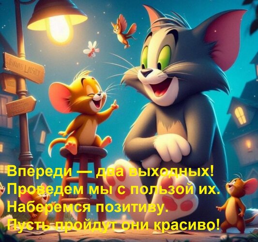Открытка Впереди — два выходных! Проведем мы с пользой их. Наберемся позитиву. Пусть пройдут они красиво!