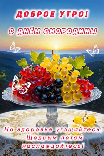 Открытка ДОБРОЕ УТРО! С ДНЕМ СМОРОДИНЫ.НА ЗДОРОВЬЕ УГОЩАЙТЕСЬ, ЩЕДРЫМ ЛЕТОМ НАСЛАЖДАЙТЕСЬ!