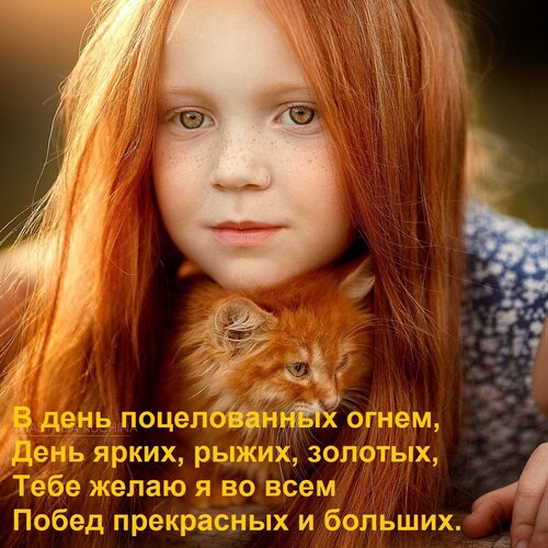 Открытка В день поцелованных огнем, День ярких, рыжих, золотых, Тебе желаю я во всем Побед прекрасных и больш