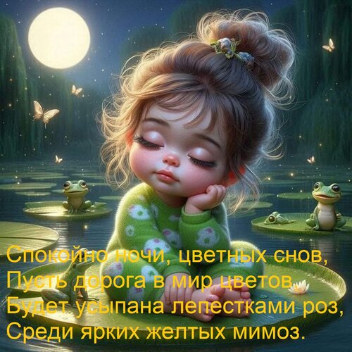 Открытка Спокойно ночи, цветных снов, Пусть дорога в мир цветов, Будет усыпана лепестками роз, Среди ярких же