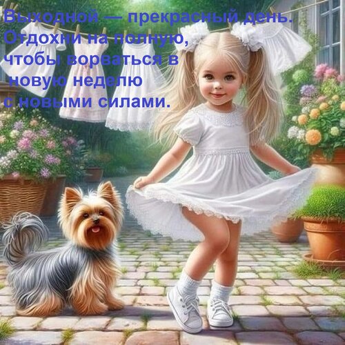 Открытка Выходной — прекрасный день. Отдохни на полную, чтобы ворваться в новую неделю с новыми силами.