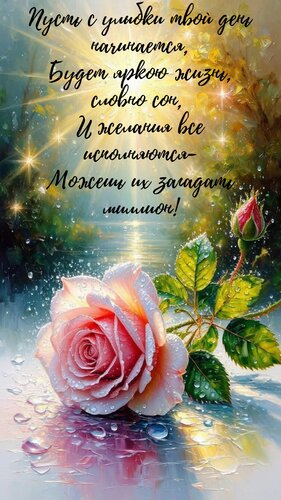 Открытка Пусть с улыбки твой день начинается, Будет яркою жизнь, словно сон, И желания все исполняются, Можеш