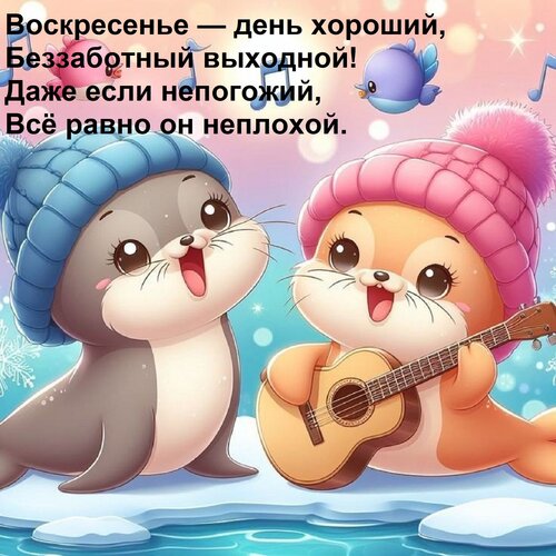Открытка Воскресенье — день хороший, Беззаботный выходной! Даже если непогожий, Всё равно он неплохой.