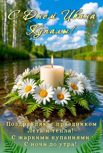 Открытка С ДНЕМ ИВАНА КУПАЛЫ! ПОЗДРАВЛЯЮ С ПРАЗДНИКОМ ЛЕТА И ТЕПЛА! С ЖАРКИМИ КУПАНИЯМИ С НОЧИ ДО УТРА!