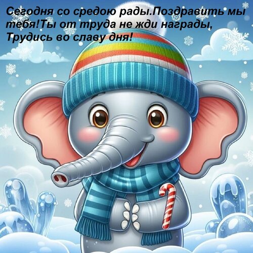 Открытка Сегодня со средою рады Поздравить мы тебя! Ты от труда не жди награды, Трудись во славу дня!