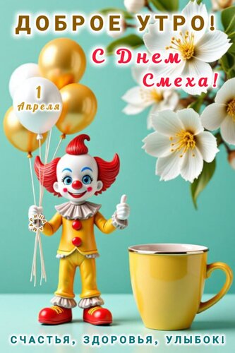 Открытка Доброе утро! С днем смеха! Счастья, здоровья, улыбок!