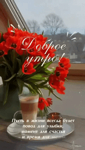 Анимированная открытка Доброе утро! Пусть в жизни всегда будет повод для улыбки, момент для счастья и время для мечты.