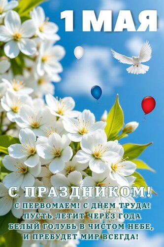 Открытка 1 МАЯ. С Праздником! С Первомаем! С ДНЕМ Труда! Пусть Летит Через ГОДА Белый Голубь В Чистом НЕБЕ, И