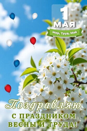 Открытка 1 МАЯ. МИР. ТРУД. МАЙ. Поздравляю С Праздником Весны И Труда!