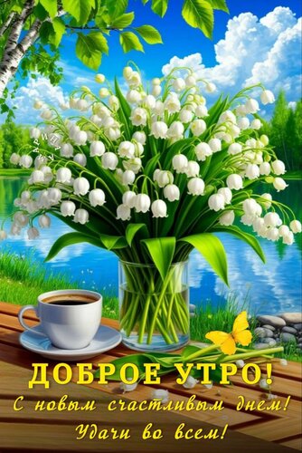 Открытка Доброе утро! С новым счастливым днем! Удачи во всем!
