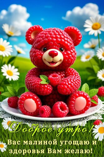 Открытка Доброе утро! Вас малиной угощаю и здоровья Вам желаю!