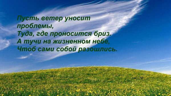 Открытка Пусть ветер уносит проблемы, туда, где проносится бриз. А тучи на жизненном небе, чтоб сами собой разошлись.