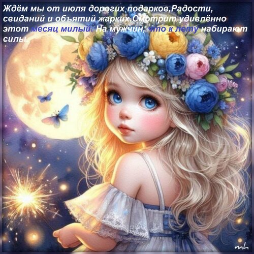 Открытка Ждём мы от июля дорогих подарков, Радости, свиданий и объятий жарких. Смотрит удивлённо этот месяц мил