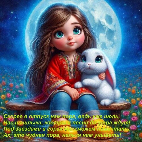 Открытка Скорее в отпуск нам пора, ведь уже июль, Нас шашлыки, костры и песни до утра ждут! Под звездами в го