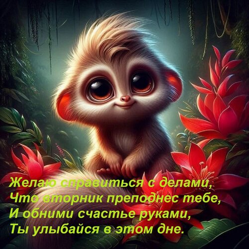 Открытка Желаю справиться с делами, что вторник преподнес тебе, и обними счастье руками, ты улыбайся в этом дне.