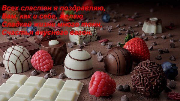 Открытка Всех сластен я поздравляю, Вам, как и себе, желаю Сладкой жизни много тонн, Счастья вкусного вагон.