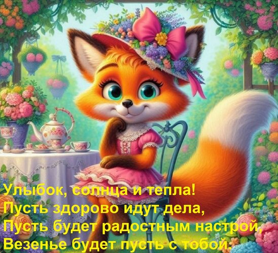 Открытка Улыбок, солнца и тепла! Пусть здорово идут дела, Пусть будет радостным настрой, Везенье будет пусть