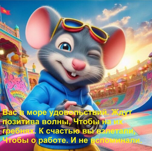 Открытка Вас в море удовольствий Ждут позитива волны, Чтобы на их гребнях К счастью вы взлетали, Чтобы о рабо