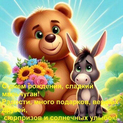 Открытка С днем рождения, сладкий мальчуган! Радости, много подарков, верных друзей, сюрпризов и солнечных