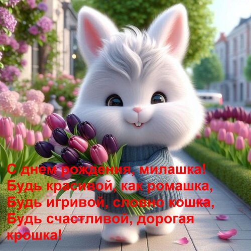 Открытка С днем рождения, милашка! Будь красивой, как ромашка, Будь игривой, словно кошка, Будь счастливой, д