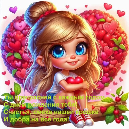 Открытка Ты прекрасней с каждым годом, С днем рождения тебя! Счастья, смеха нашей крошке И добра на все года!