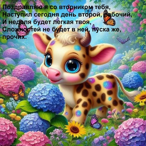 Открытка Поздравляю я со вторником тебя, Наступил сегодня день второй, рабочий, И неделя будет легкая твоя, С