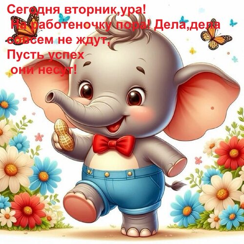 Открытка Сегодня вторник, ура! На работеночку пора! Дела, дела совсем не ждут, Пусть успех они несут!