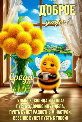 Открытка Доброе утро! Среда. Улыбок, солнца и тепла! Пусть здорово идут дела...