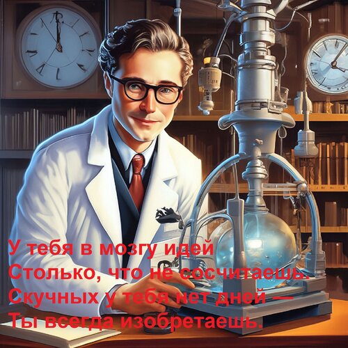 Открытка У тебя в мозгу идей Столько, что не сосчитаешь. Скучных у тебя нет дней — Ты всегда изобретаешь.