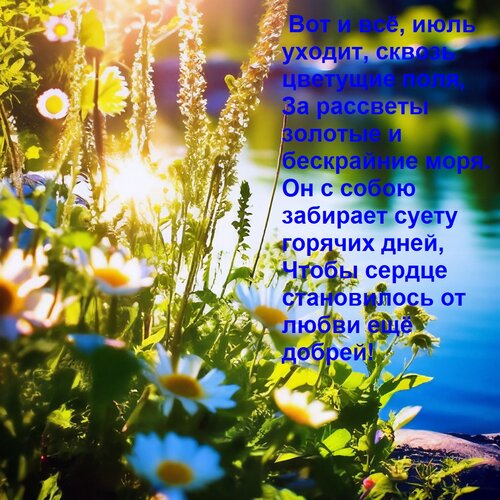 Открытка Вот и всё, июль уходит, сквозь цветущие поля, за рассветы золотые и бескрайние моря.