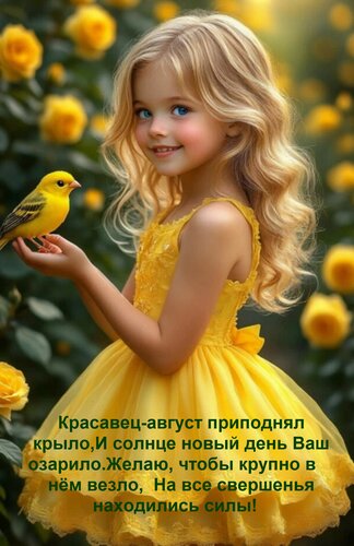 Открытка Красавец-август приподнял крыло, И солнце новый день Ваш озарило. Желаю, чтобы крупно в нём везло...