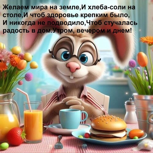 Открытка Желаем мира на земле, и хлеба-соли на столе, и чтоб здоровье крепким было, и никогда не подводило.