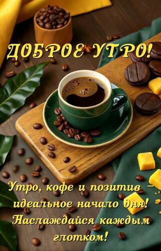 Открытка Утро, кофе и позитив - идеальное начало дня! Наслаждайся каждым глотком!