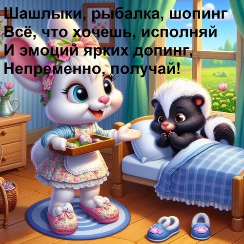 Открытка Шашлыки, рыбалка, шопинг — Всё, что хочешь, исполняй И эмоций ярких допинг, Непременно, получай!