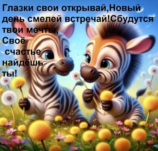Открытка Глазки свои открывай, Новый день смелей встречай! Сбудутся твои мечты, Своё счастье найдёшь ты!