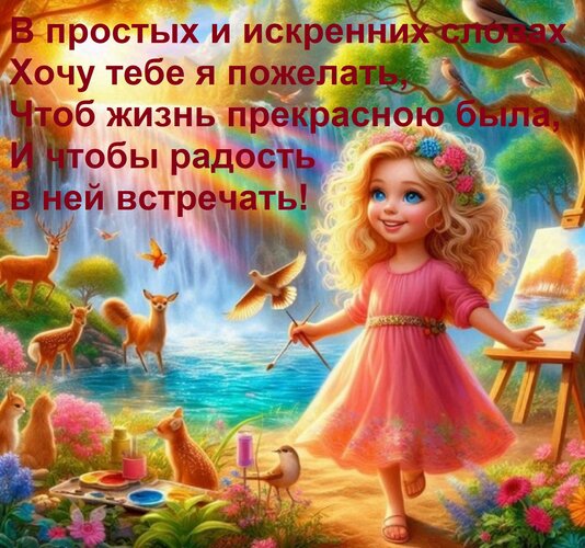 Открытка В простых и искренних словах Хочу тебе я пожелать, Чтоб жизнь прекрасною была, И чтобы радость в ней