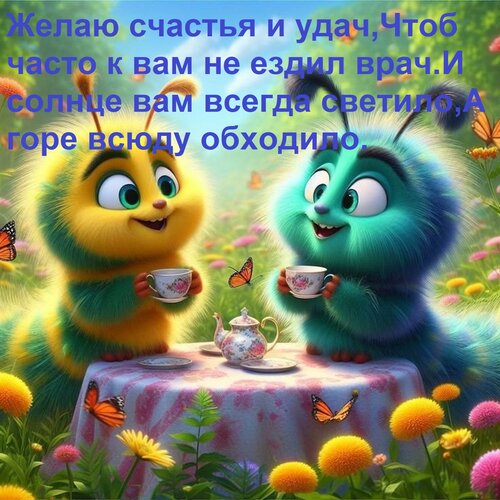 Открытка Желаю счастья и удач, Чтоб часто к вам не ездил врач. И солнце вам всегда светило, А горе всюду обхо