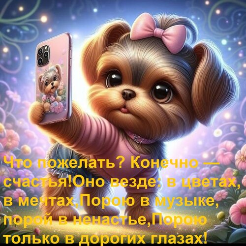 Открытка Что пожелать? Конечно — счастья! Оно везде: в цветах, в мечтах, Порою в музыке, порой в ненастье, По