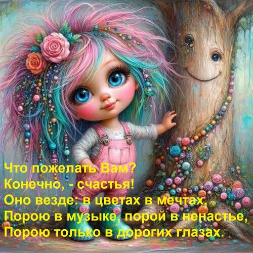 Открытка Что пожелать Вам? Конечно, - счастья! Оно везде: в цветах в мечтах, Порою в музыке, порой в ненастье
