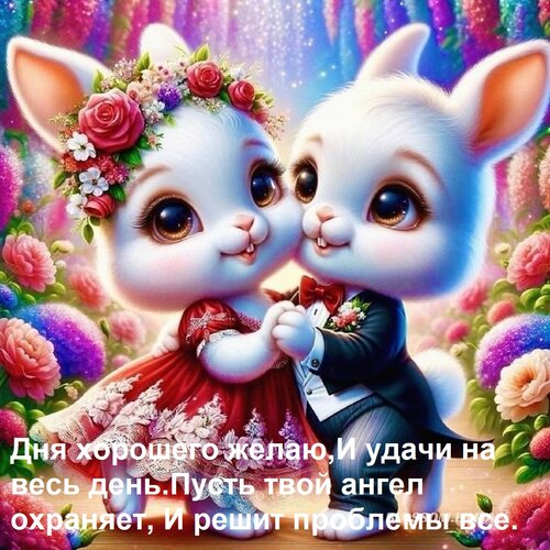 Открытка Дня хорошего желаю, и удачи на весь день. Пусть твой ангел охраняет, и решит проблемы все.