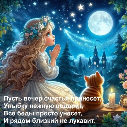 Открытка Пусть вечер счастья принесет, Улыбку нежную подарит, Все беды просто унесет, И рядом близкий не лука