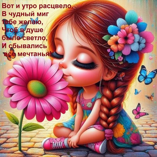 Открытка Вот и утро расцвело. В чудный миг тебе желаю, Чтоб в душе было светло, И сбывались все мечтанья!