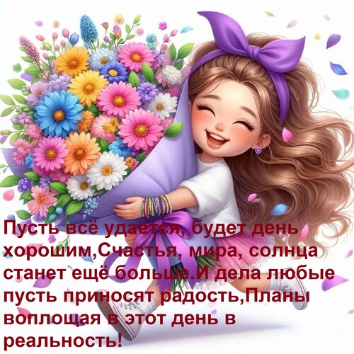 Открытка Пусть всё удаётся, будет день хорошим, Счастья, мира, солнца станет ещё больше. И дела любые пусть п